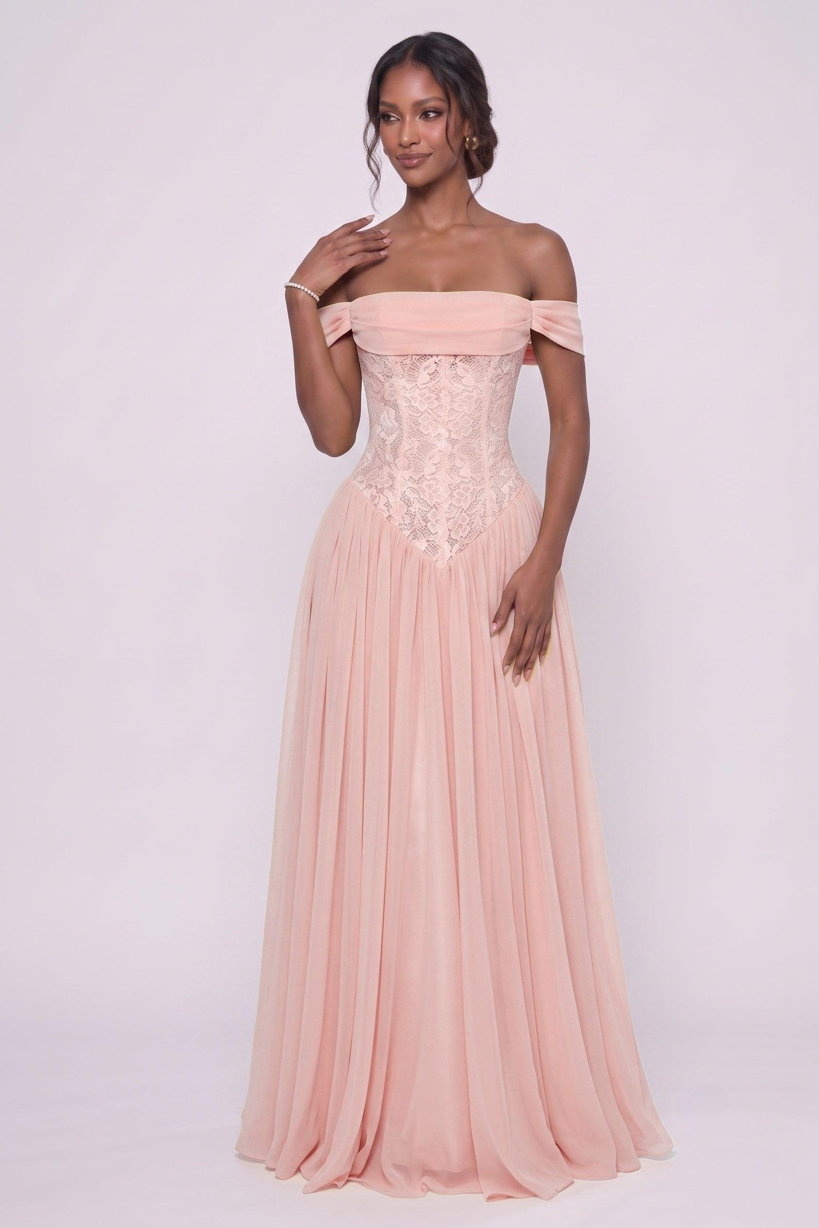 A-Line Floor-length Chiffon Lace Bridesmaid Dress CG0338BM - Soft Blush - COCOMELODY